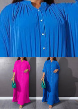 Load image into Gallery viewer, Blue O-Neck Button Vacation Maxi Dresses Long Sleeve