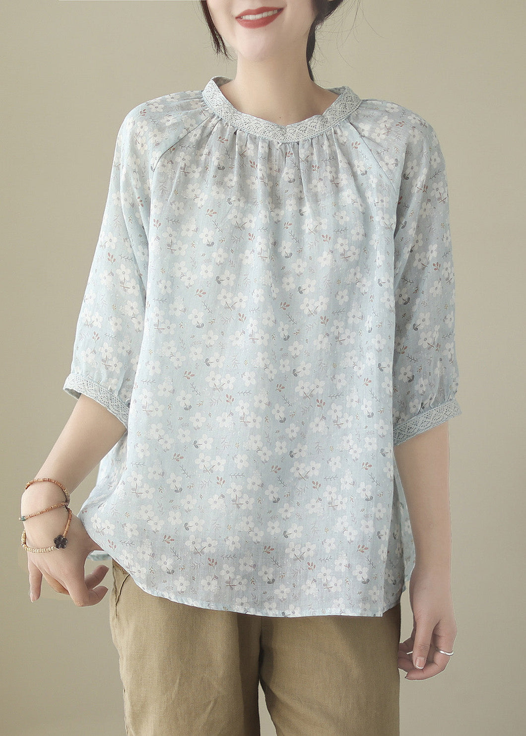 Blue O-Neck Patchwork Ramie Shirts Half Sleeve