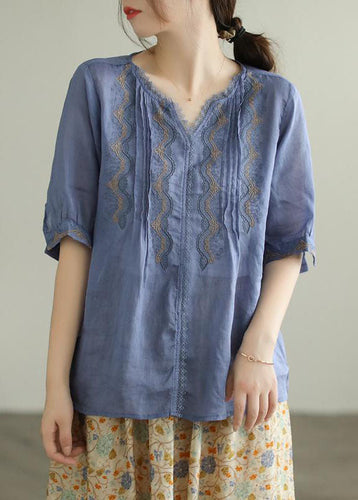 Blue Patchwork Linen T Shirts Embroidered Summer