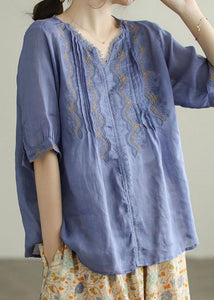 Blue Patchwork Linen T Shirts Embroidered Summer