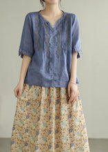 Load image into Gallery viewer, Blue Patchwork Linen T Shirts Embroidered Summer