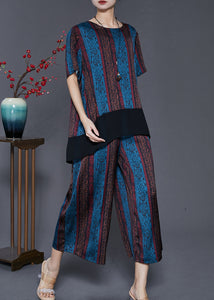 Blue Patchwork Silk Loose Women Two Pieces Set Low High Design Summer