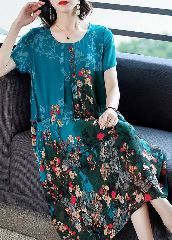 Blue Patchwork Wrinkled Chiffon Long Dress Short Sleeve