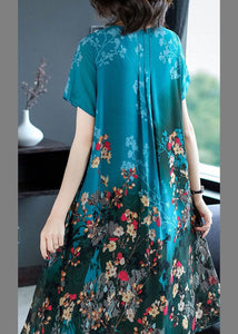 Blue Patchwork Wrinkled Chiffon Long Dress Short Sleeve