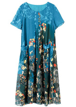 Load image into Gallery viewer, Blue Patchwork Wrinkled Chiffon Long Dress Short Sleeve