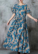 Load image into Gallery viewer, Blue Print Linen Vacation Dresses Cinched Summer