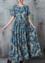 Load image into Gallery viewer, Blue Print Linen Vacation Dresses Cinched Summer