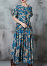 Load image into Gallery viewer, Blue Print Linen Vacation Dresses Cinched Summer