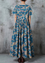 Load image into Gallery viewer, Blue Print Linen Vacation Dresses Cinched Summer