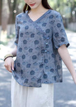 Load image into Gallery viewer, Blue Print Patchwork Linen Blouse Tops V Neck Short Sleeve