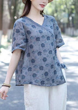 Load image into Gallery viewer, Blue Print Patchwork Linen Blouse Tops V Neck Short Sleeve