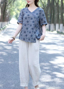 Blue Print Patchwork Linen Blouse Tops V Neck Short Sleeve