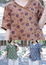 Load image into Gallery viewer, Blue Print Patchwork Linen Blouse Tops V Neck Short Sleeve