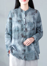 Load image into Gallery viewer, Blue Print Pockets Linen Blouses Stand Collar Spring