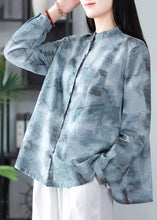 Load image into Gallery viewer, Blue Print Pockets Linen Blouses Stand Collar Spring