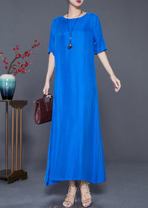 Blue Silk Holiday Dress Oversized Side Open Summer