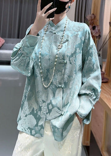 Blue Sky Blue Print Silk Shirt Stand Collar Long Sleeve