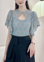 Load image into Gallery viewer, Blue Solid Button Blouses O-Neck Short Sleeve