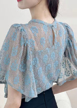 Load image into Gallery viewer, Blue Solid Button Blouses O-Neck Short Sleeve