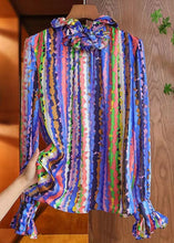 Load image into Gallery viewer, Blue Striped Print Silk Blouses Ruffled Flare Sleeve