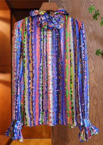 Blue Striped Print Silk Blouses Ruffled Flare Sleeve