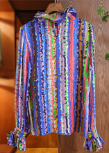 Load image into Gallery viewer, Blue Striped Print Silk Blouses Ruffled Flare Sleeve