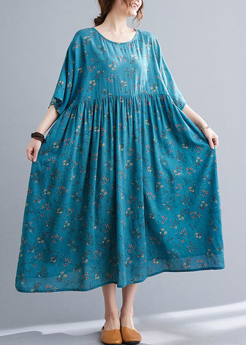 Blue Wrinkled Cotton Long Dress O Neck Half Sleeve