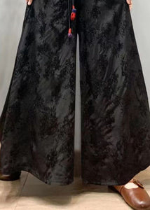 Bohemian Black Embroidered Patchwork Silk Wide Leg Pants Spring