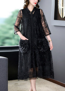 Bohemian Black Embroidered Floral Tulle Long Coats Half Sleeve