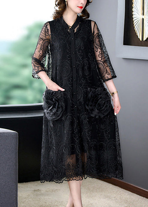 Bohemian Black Embroidered Floral Tulle Long Coats Half Sleeve