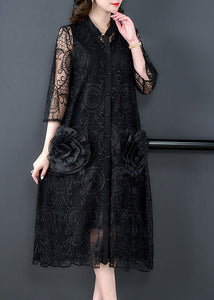 Bohemian Black Embroidered Floral Tulle Long Coats Half Sleeve