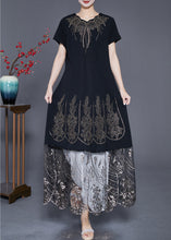 Load image into Gallery viewer, Bohemian Black Embroidered Tulle Patchwork Zircon Cotton Dress Summer