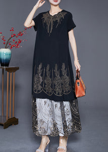 Bohemian Black Embroidered Tulle Patchwork Zircon Cotton Dress Summer