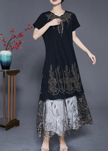 Bohemian Black Embroidered Tulle Patchwork Zircon Cotton Dress Summer