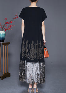 Bohemian Black Embroidered Tulle Patchwork Zircon Cotton Dress Summer