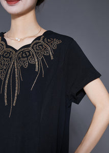 Bohemian Black Embroidered Tulle Patchwork Zircon Cotton Dress Summer