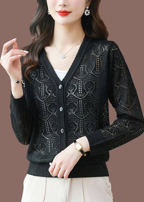 Bohemian Black V Neck Solid Ice Size Knit Cardigans Summer