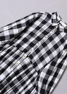 Bohemian Black White Plaid PeterPan Collar Pockets Button Fall Patchwork Dresses