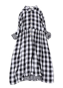 Bohemian Black White Plaid PeterPan Collar Pockets Button Fall Patchwork Dresses