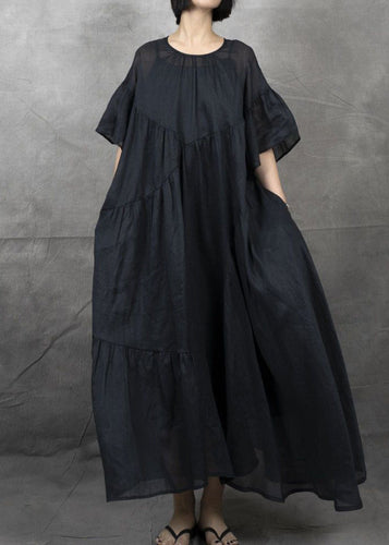 Bohemian Black Wrinkled Patchwork Maxi Dress Short Sleeve