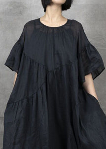 Bohemian Black Wrinkled Patchwork Maxi Dress Short Sleeve