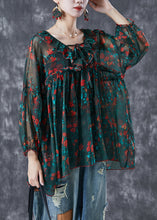 Load image into Gallery viewer, Bohemian Blackish Green Ruffled Print Chiffon Blouses Summer