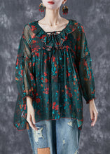 Load image into Gallery viewer, Bohemian Blackish Green Ruffled Print Chiffon Blouses Summer