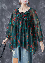 Load image into Gallery viewer, Bohemian Blackish Green Ruffled Print Chiffon Blouses Summer