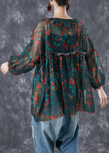 Bohemian Blackish Green Ruffled Print Chiffon Blouses Summer