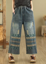 Load image into Gallery viewer, Bohemian Blue Embroidered Pockets Denim Wide Leg Pants Spring