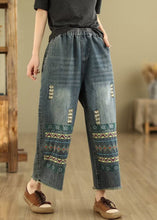 Load image into Gallery viewer, Bohemian Blue Embroidered Pockets Denim Wide Leg Pants Spring