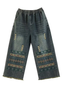 Bohemian Blue Embroidered Pockets Denim Wide Leg Pants Spring