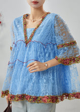 Load image into Gallery viewer, Bohemian Blue Embroidered Ruffled Lace Shirt Summer