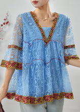 Load image into Gallery viewer, Bohemian Blue Embroidered Ruffled Lace Shirt Summer